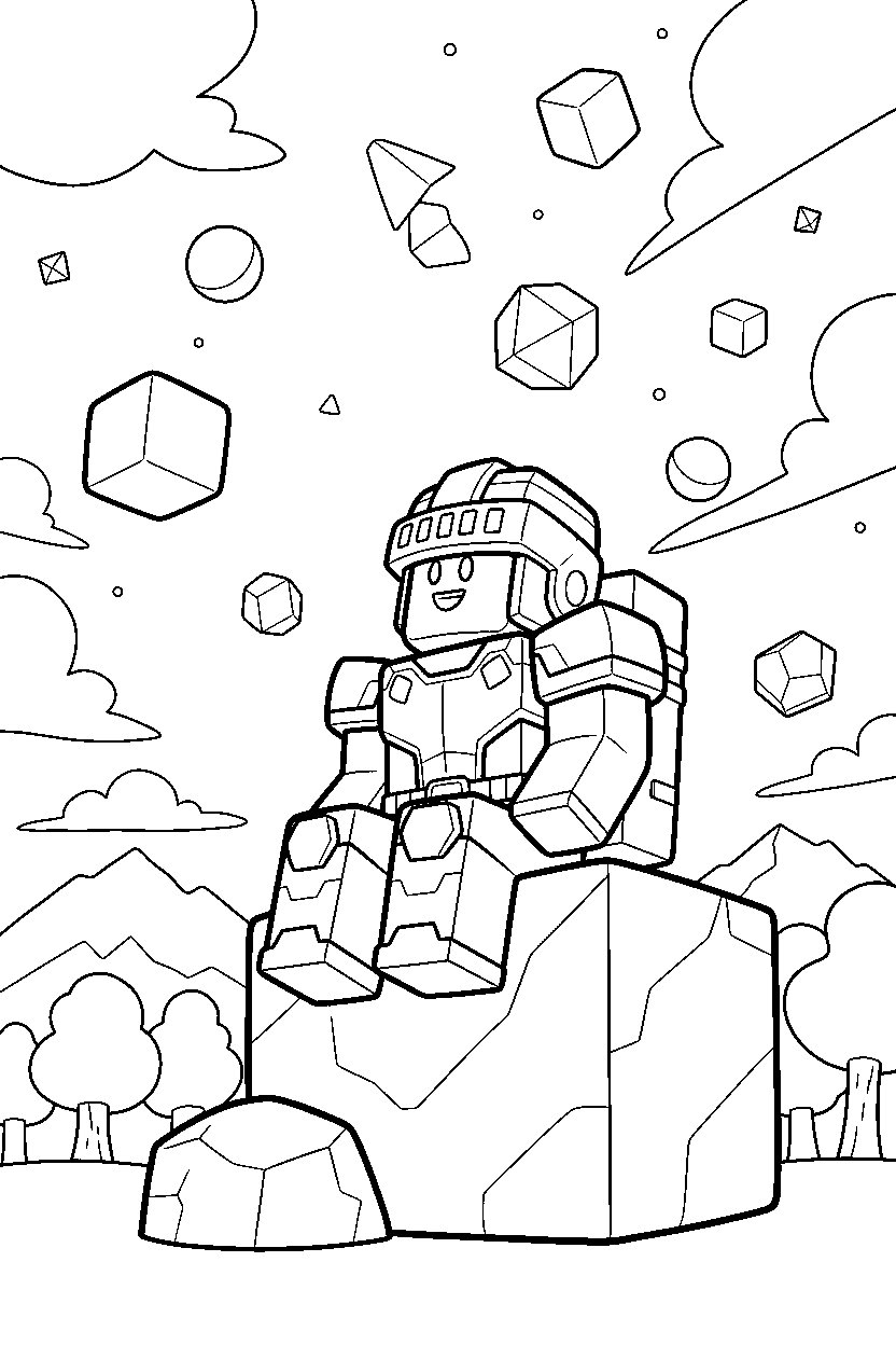 roblox block adventurer watching the sky in a block world line art