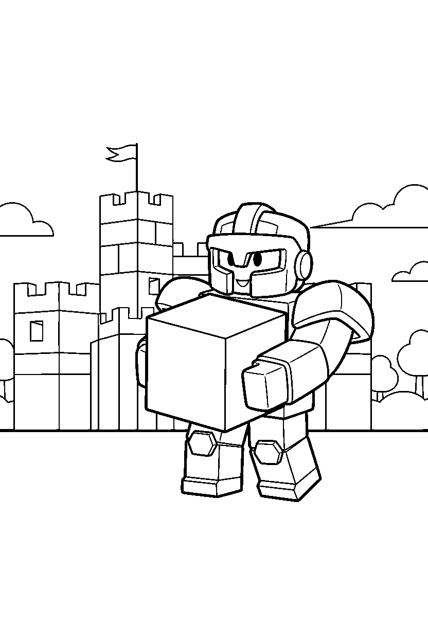 roblox block champion carrying a block near a block fort line art