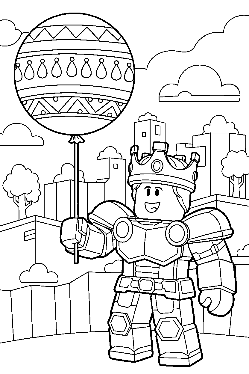 roblox block champion holding a balloon in a colorful block world line art