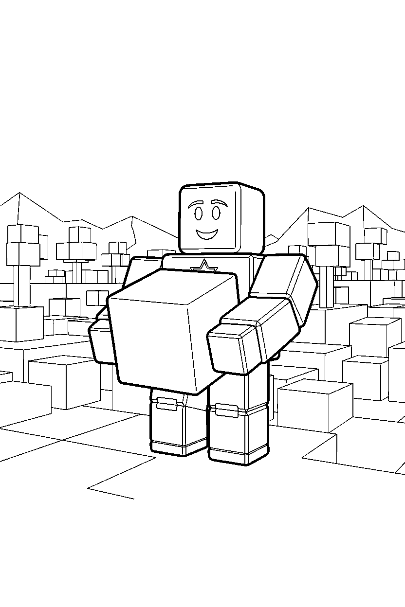 roblox block champion holding a cube in a block world line art