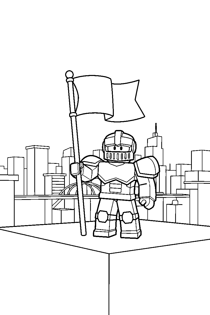 roblox block champion holding a flag in a roblox city line art