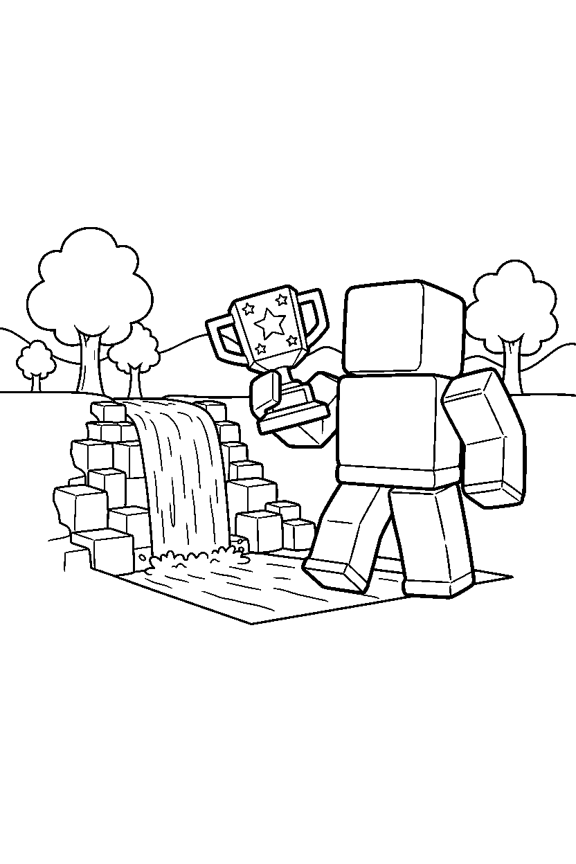 roblox block champion holding a trophy near a block waterfall line art