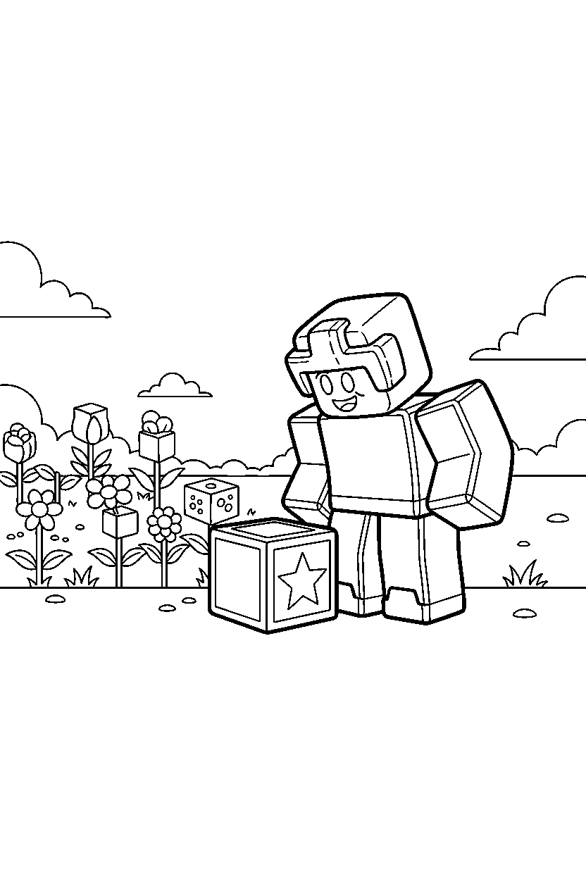 roblox block champion looking at a block near a block garden line art