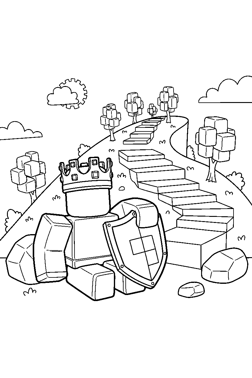 roblox block champion resting near a block hill path line art
