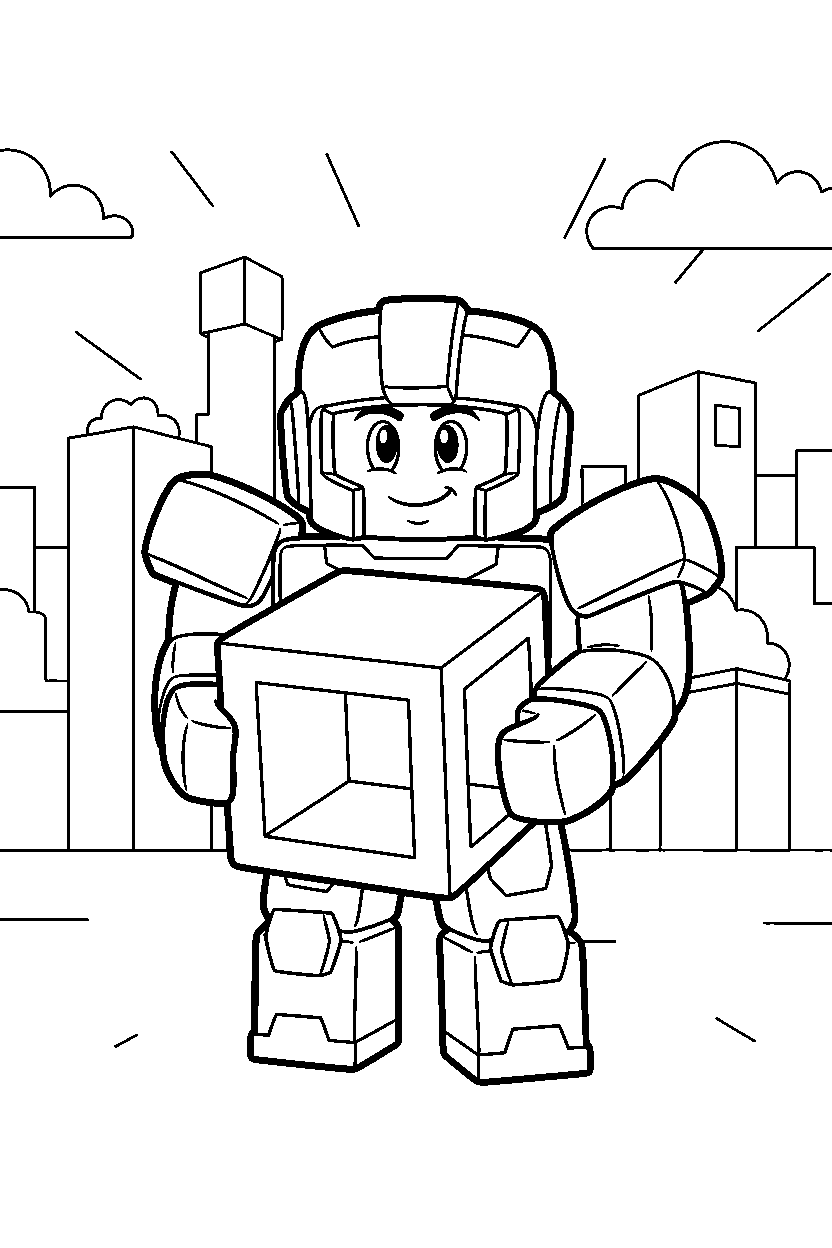 roblox block defender holding a cube in a block world line art