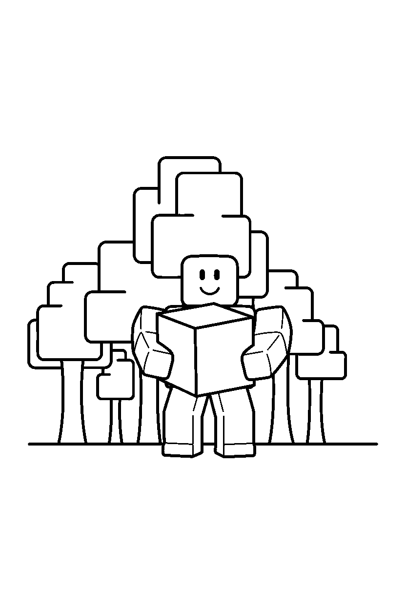 roblox block defender holding a cube near block trees line art