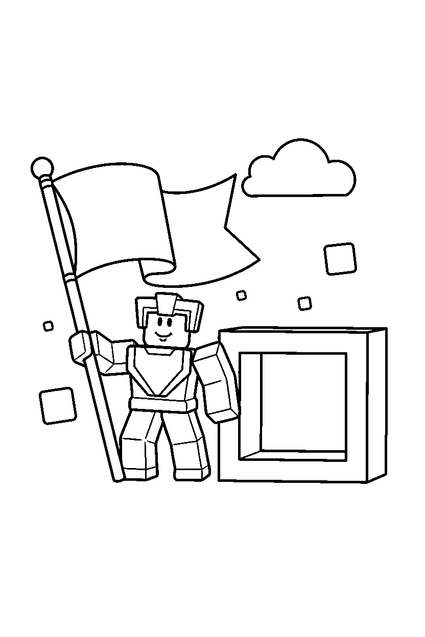 roblox block defender holding a flag near a block square line art
