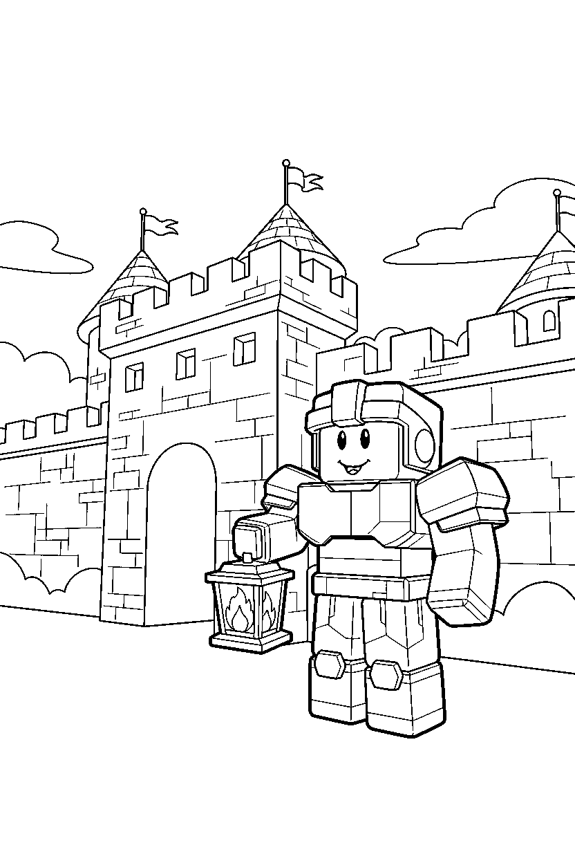 roblox block defender holding a lantern near a block castle wall line art
