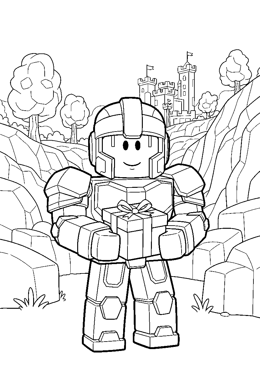 roblox block defender holding a small gift in a block valley line art