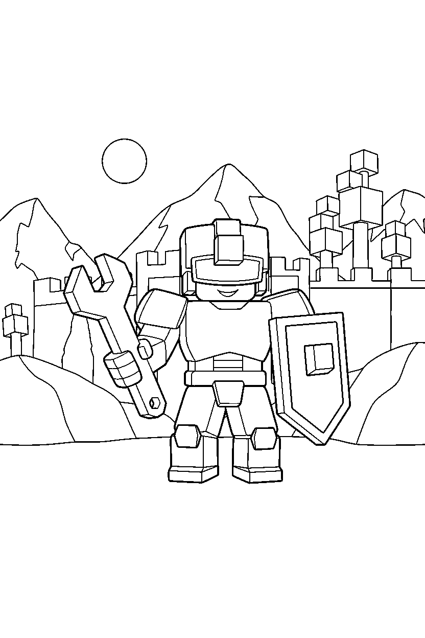 roblox block defender holding a tool in a block world line art
