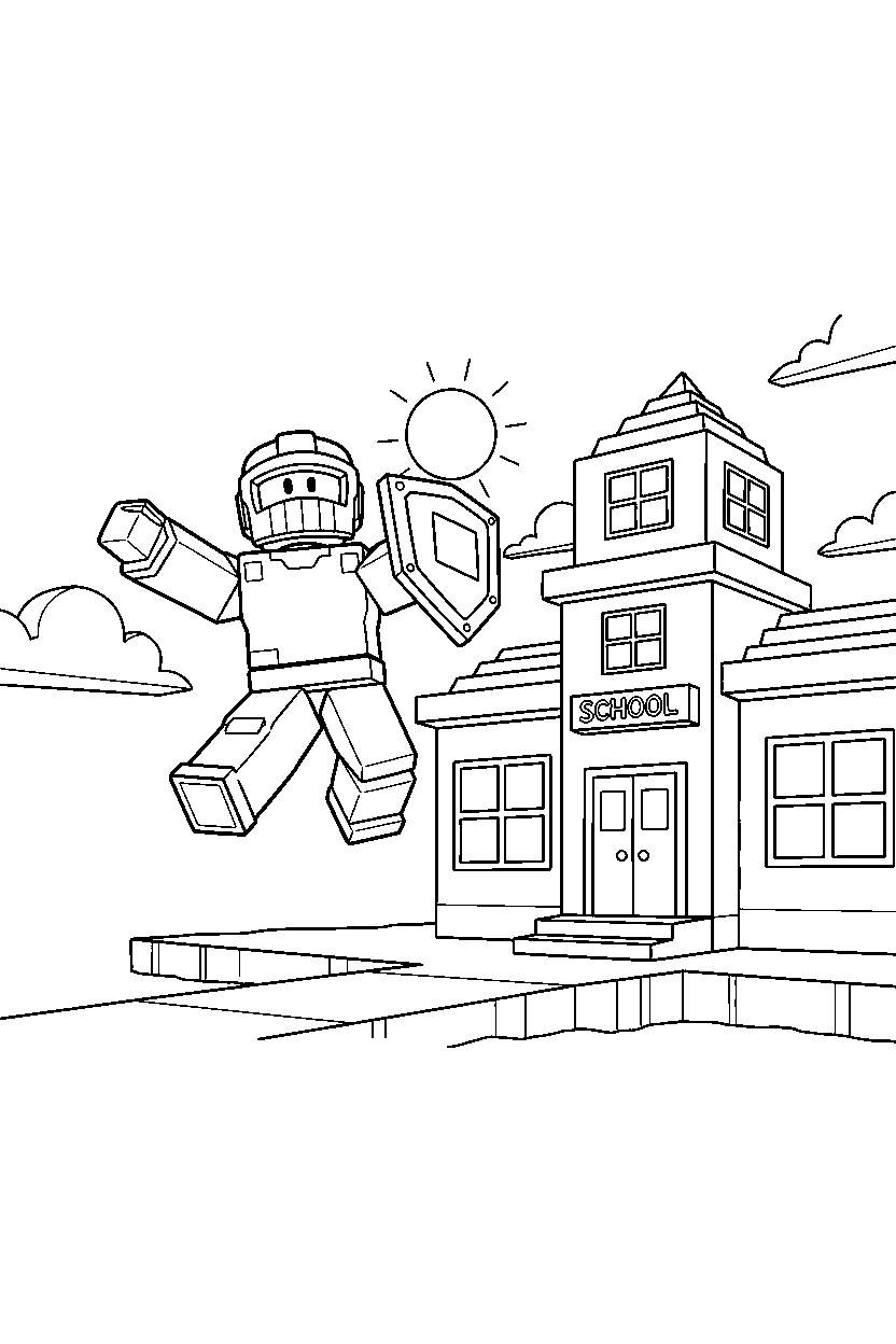 roblox block defender jumping near a block school line art