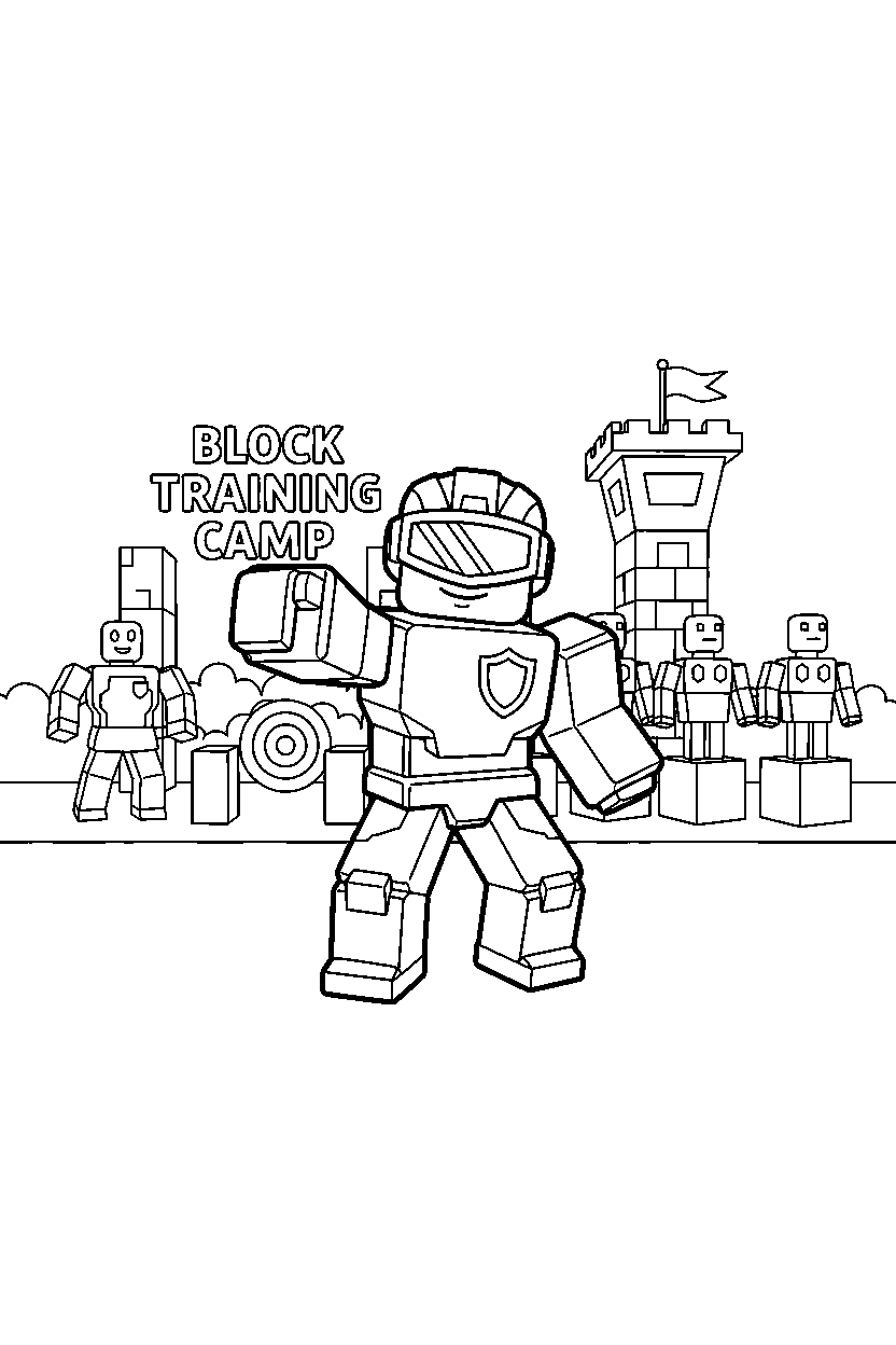 roblox block defender pointing forward near a block training camp line art