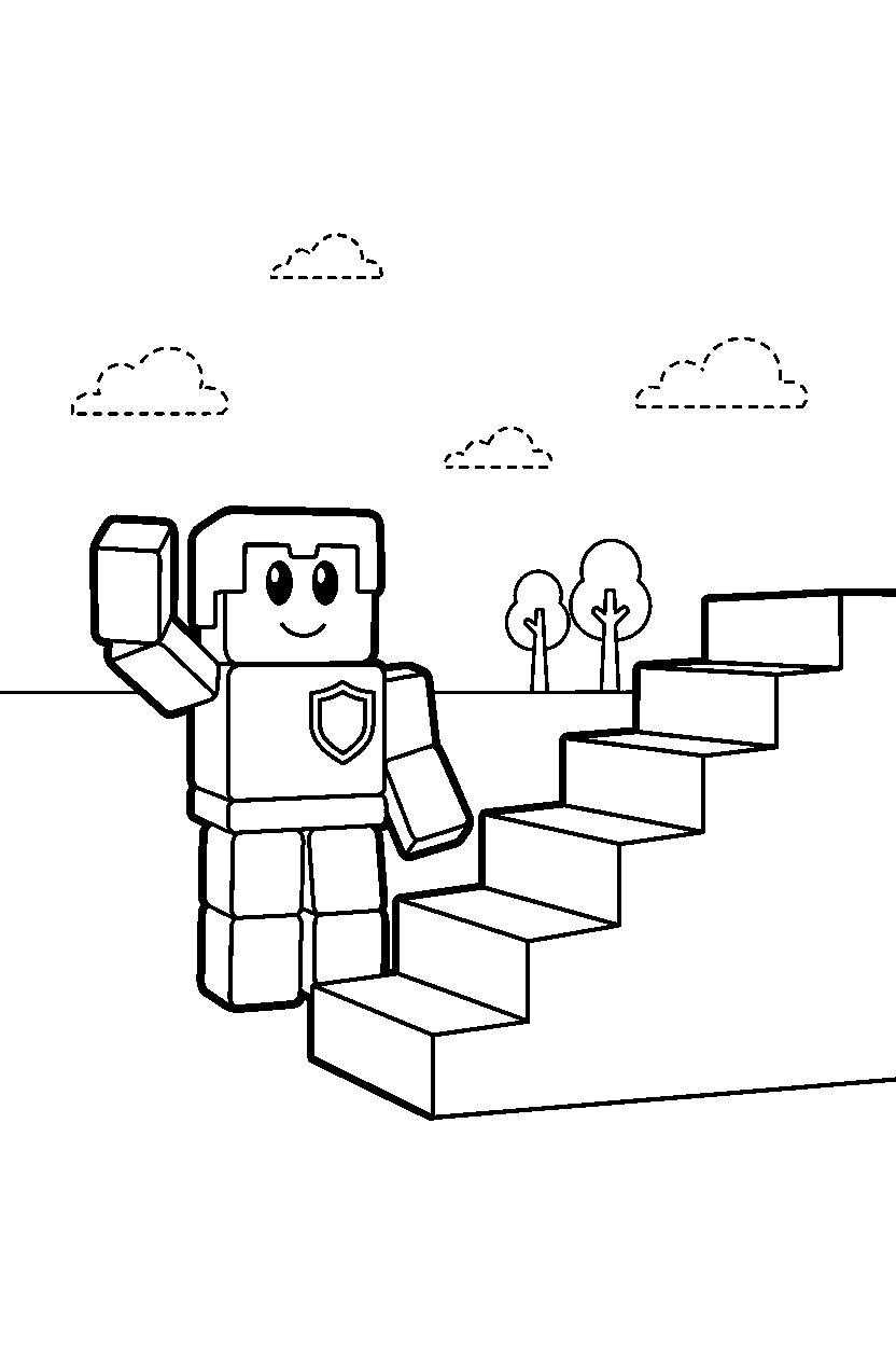 roblox block defender raising a hand near block stairs line art