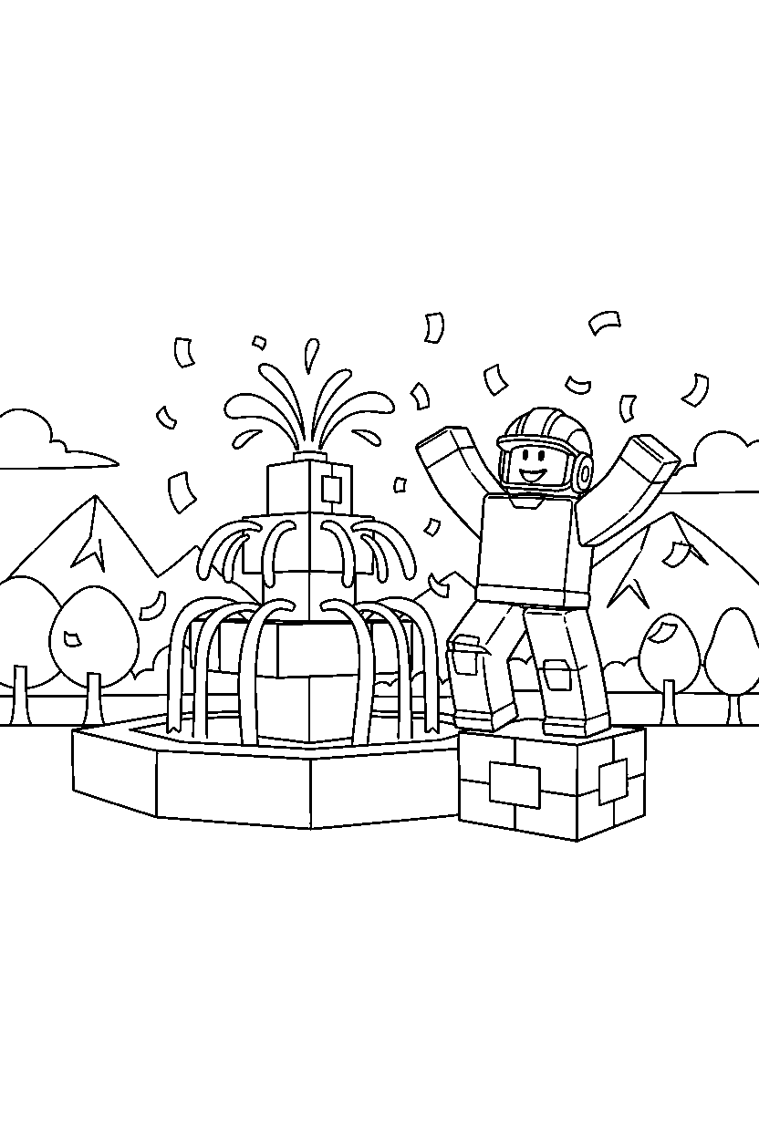 roblox block explorer celebrating victory near a block fountain line art