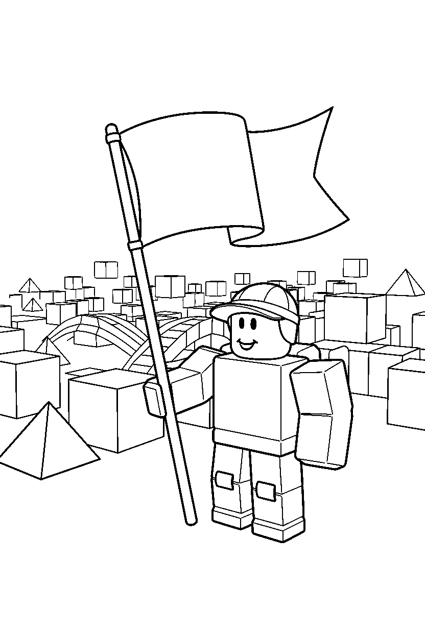 roblox block explorer holding a flag near a block obstacle field line art