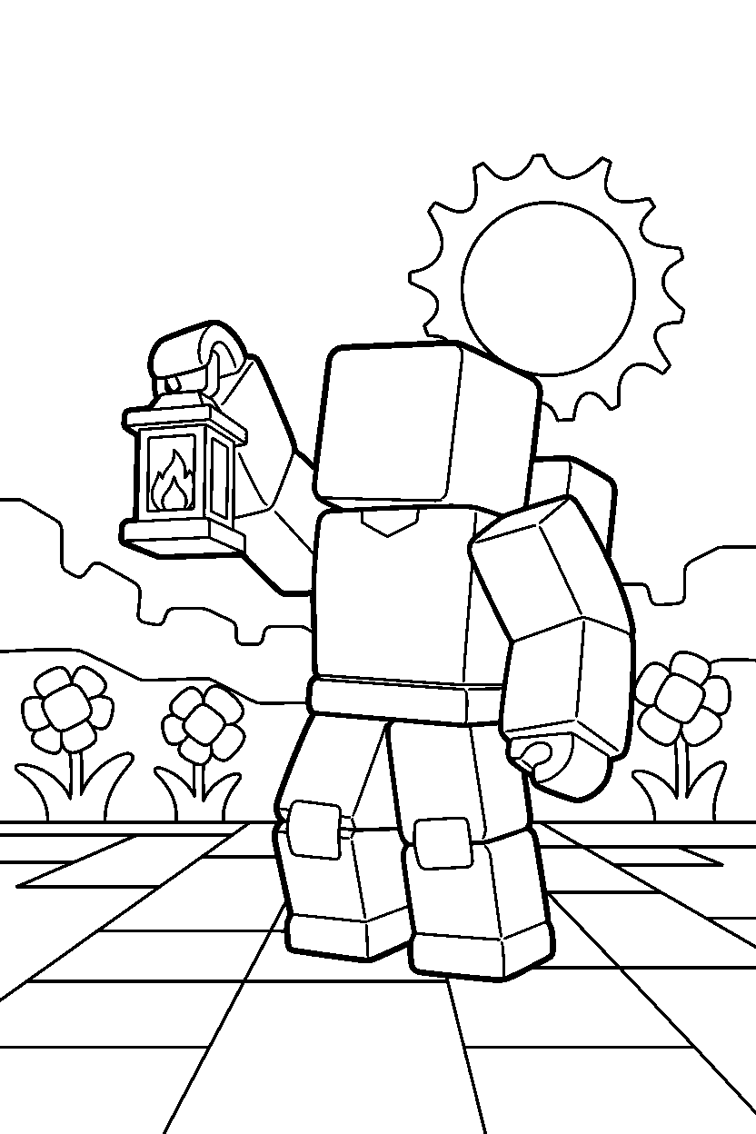 roblox block explorer holding a lantern in a sunny block field line art