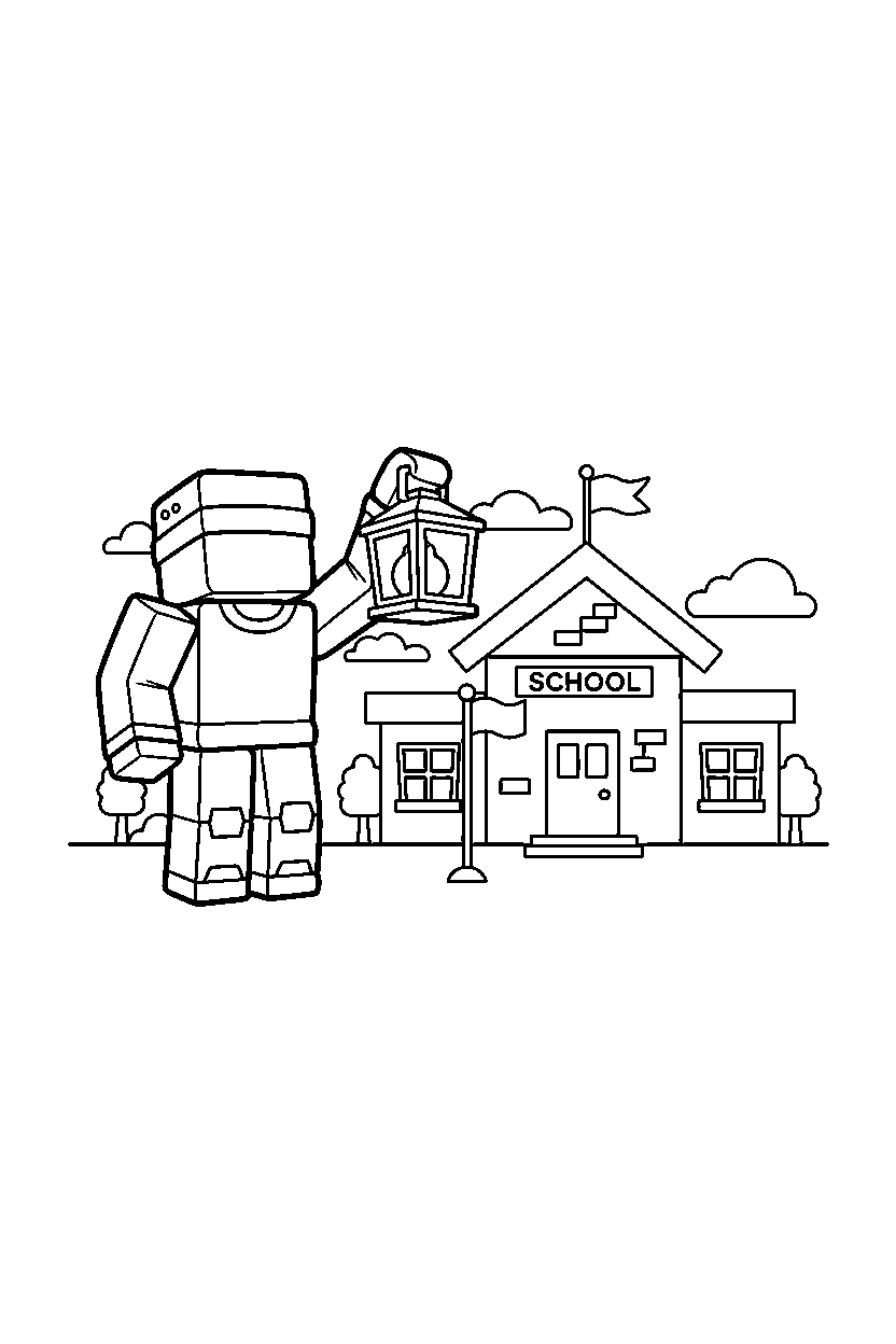 roblox block explorer holding a lantern near a block school line art
