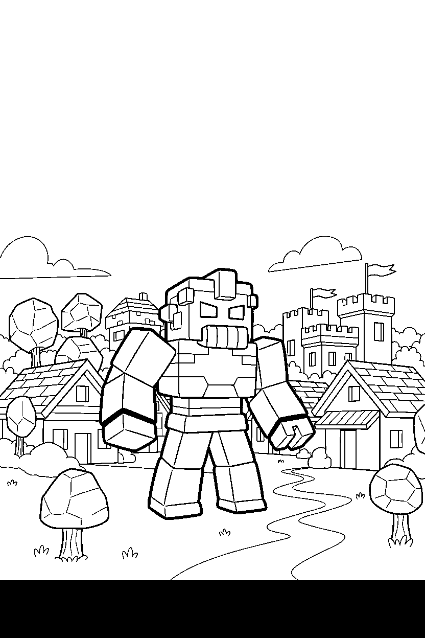 roblox block fighter building with blocks in a block village line art