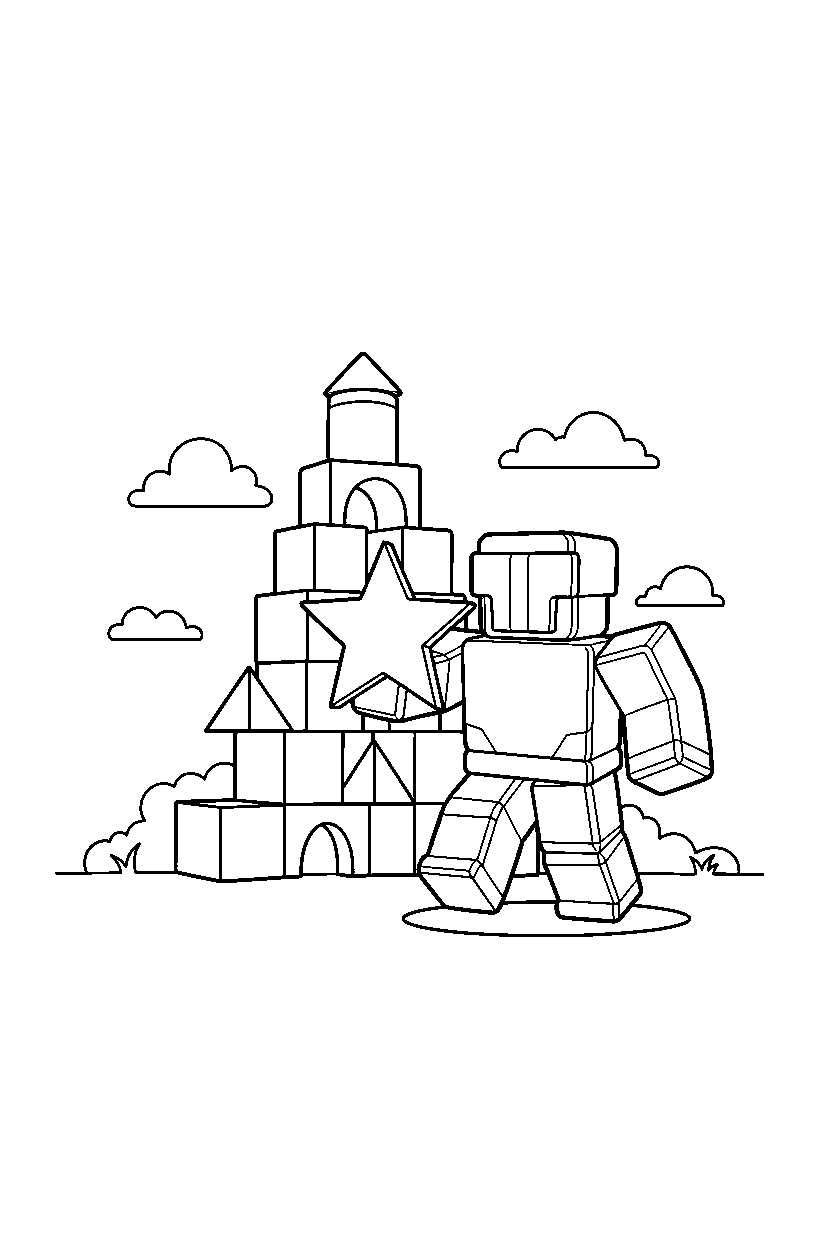 roblox block fighter holding a star near stacked blocks line art