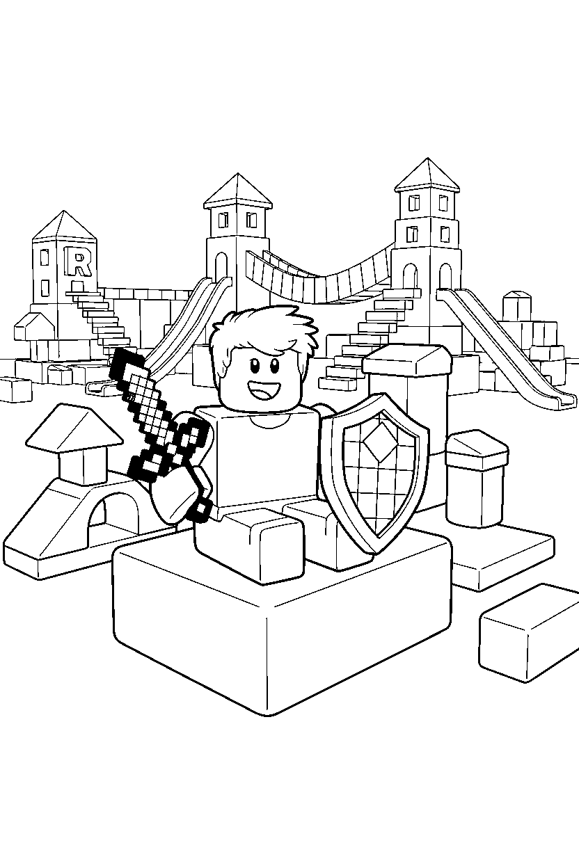 roblox block fighter playing with blocks near a block adventure park line art