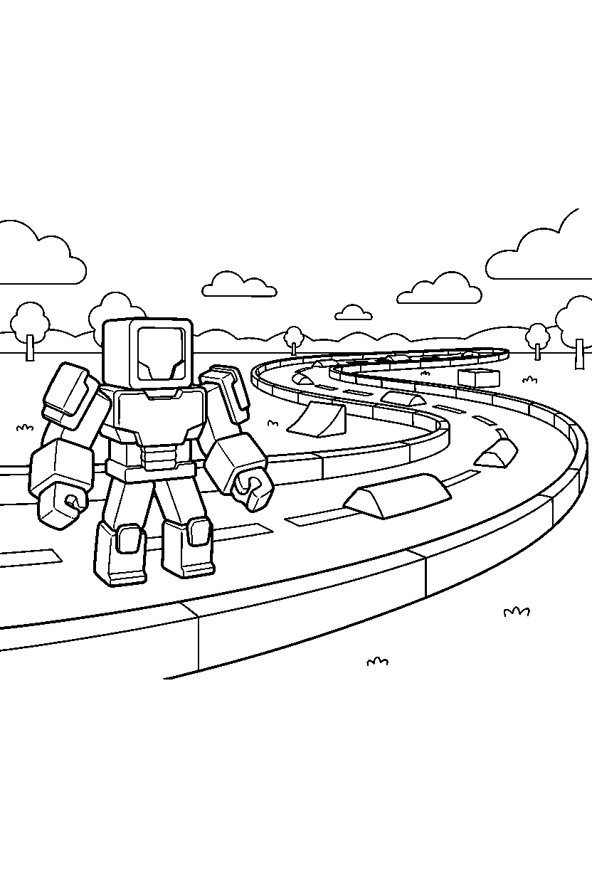 roblox block fighter standing near a block race track line art