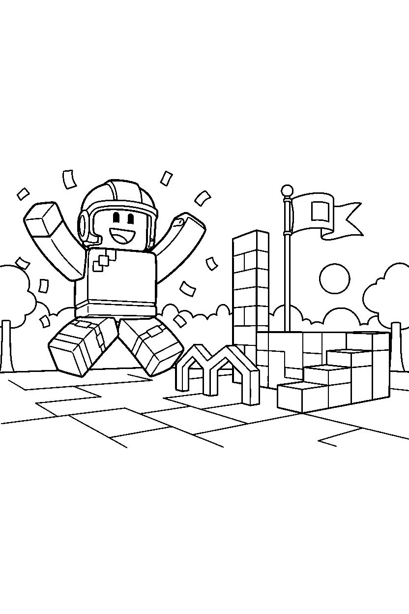 roblox block gamer celebrating near a block training camp line art