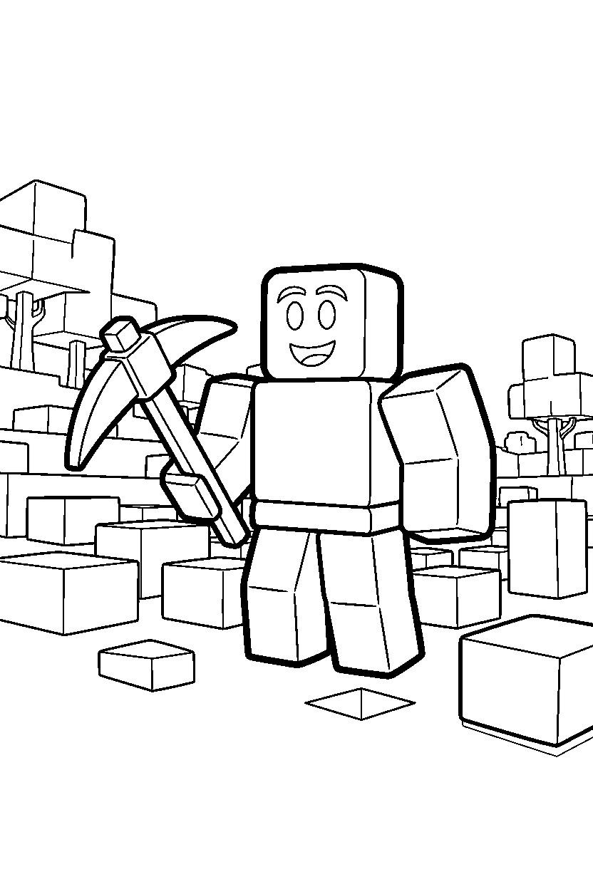 roblox block gamer holding a tool in a block meadow line art