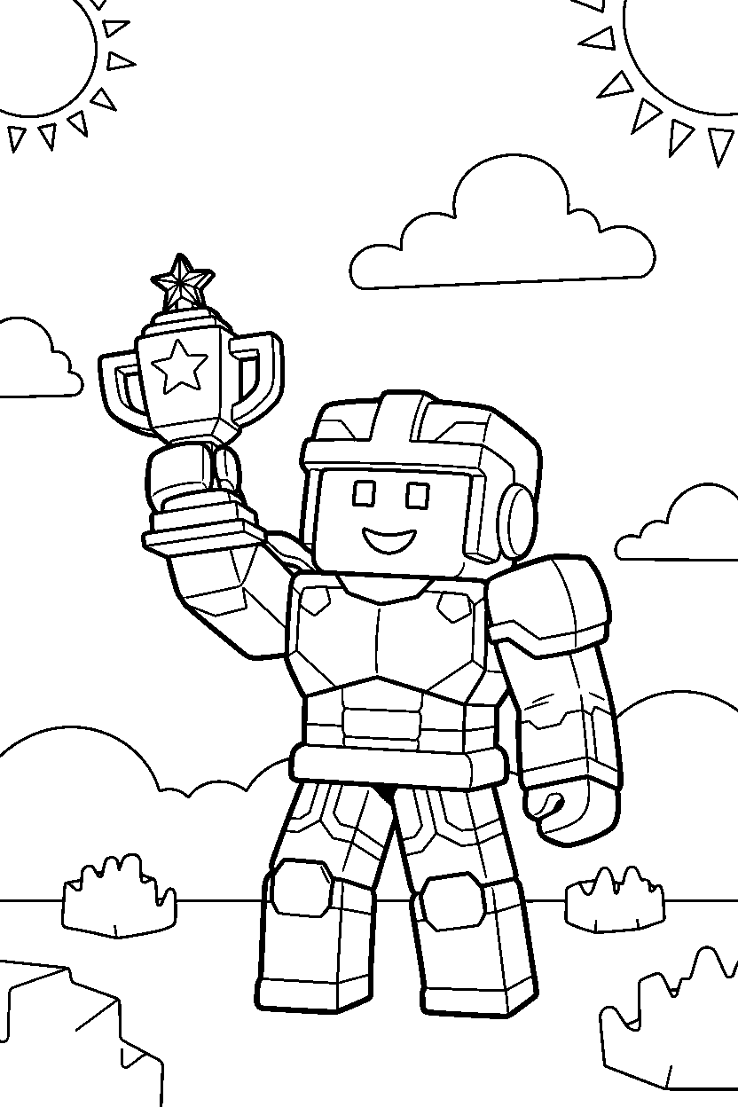 roblox block gamer holding a trophy in a block meadow line art
