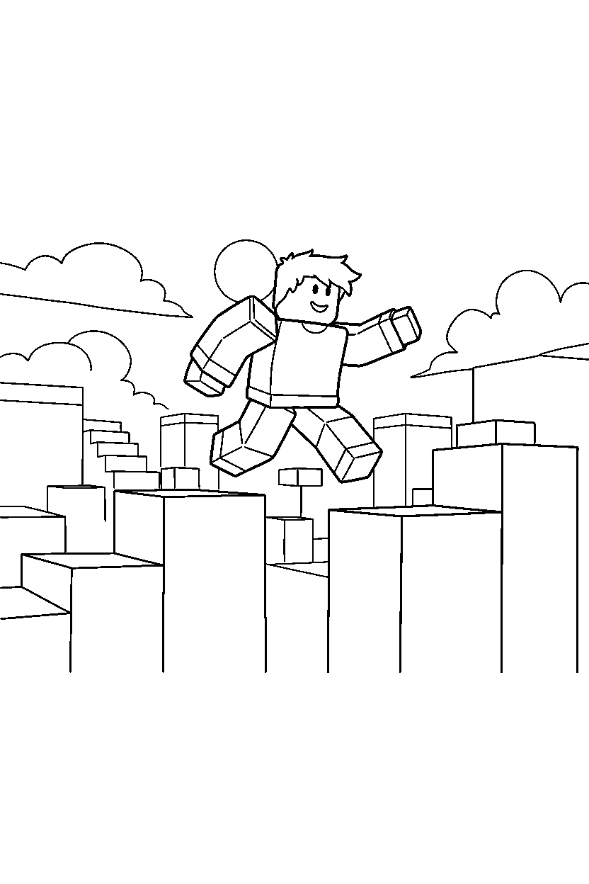 roblox block gamer jumping in a block park line art