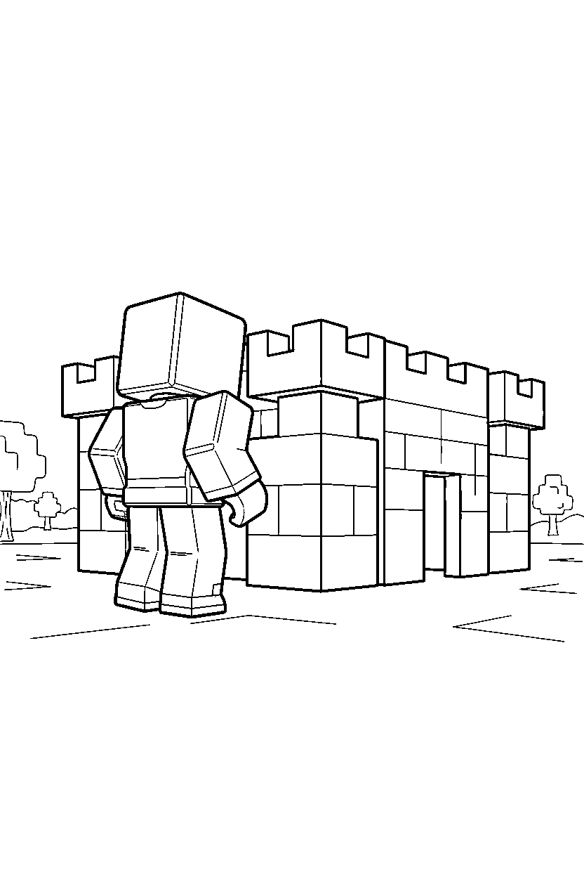 roblox block gamer looking around near a block fort line art