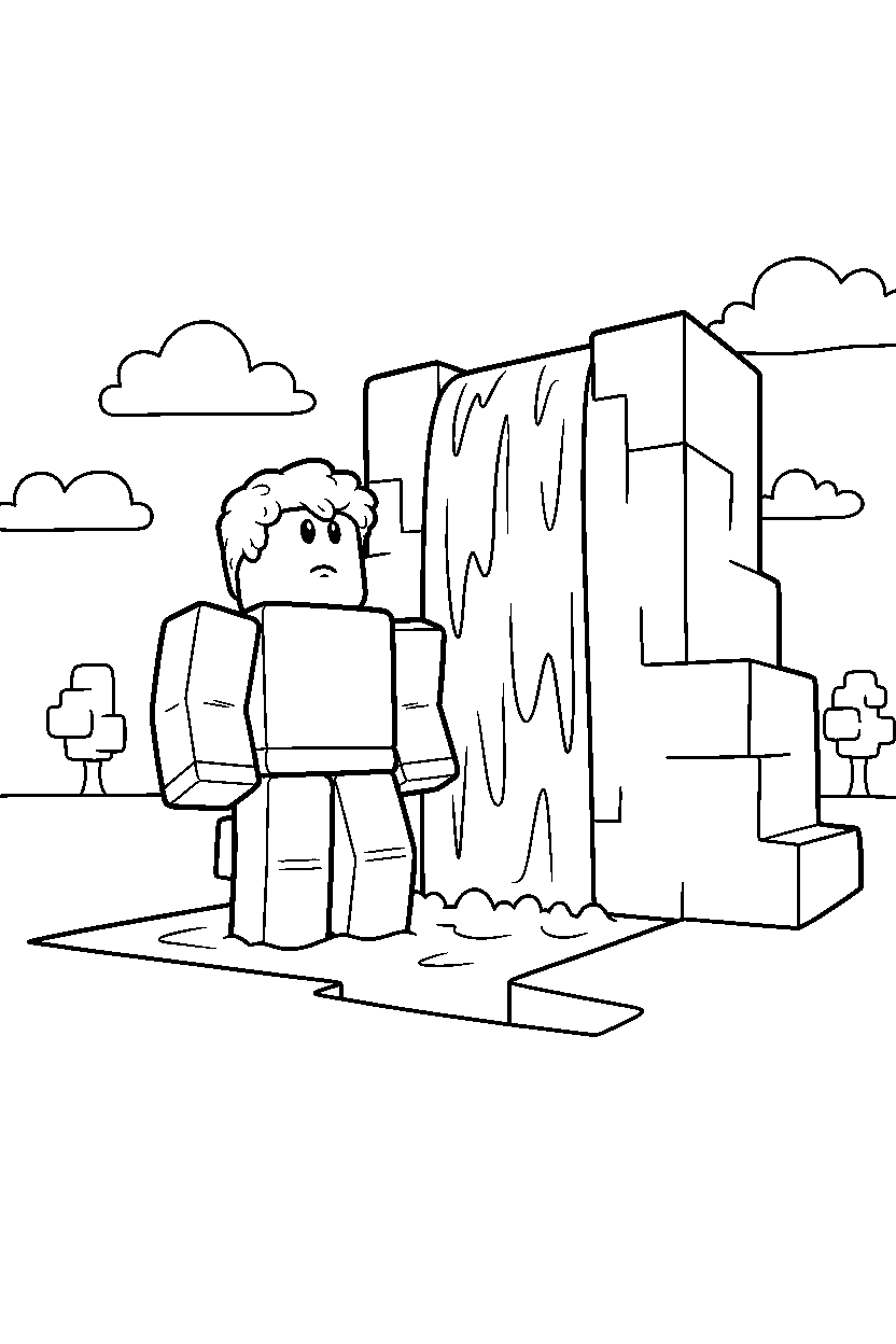 roblox block gamer looking up near a block waterfall line art