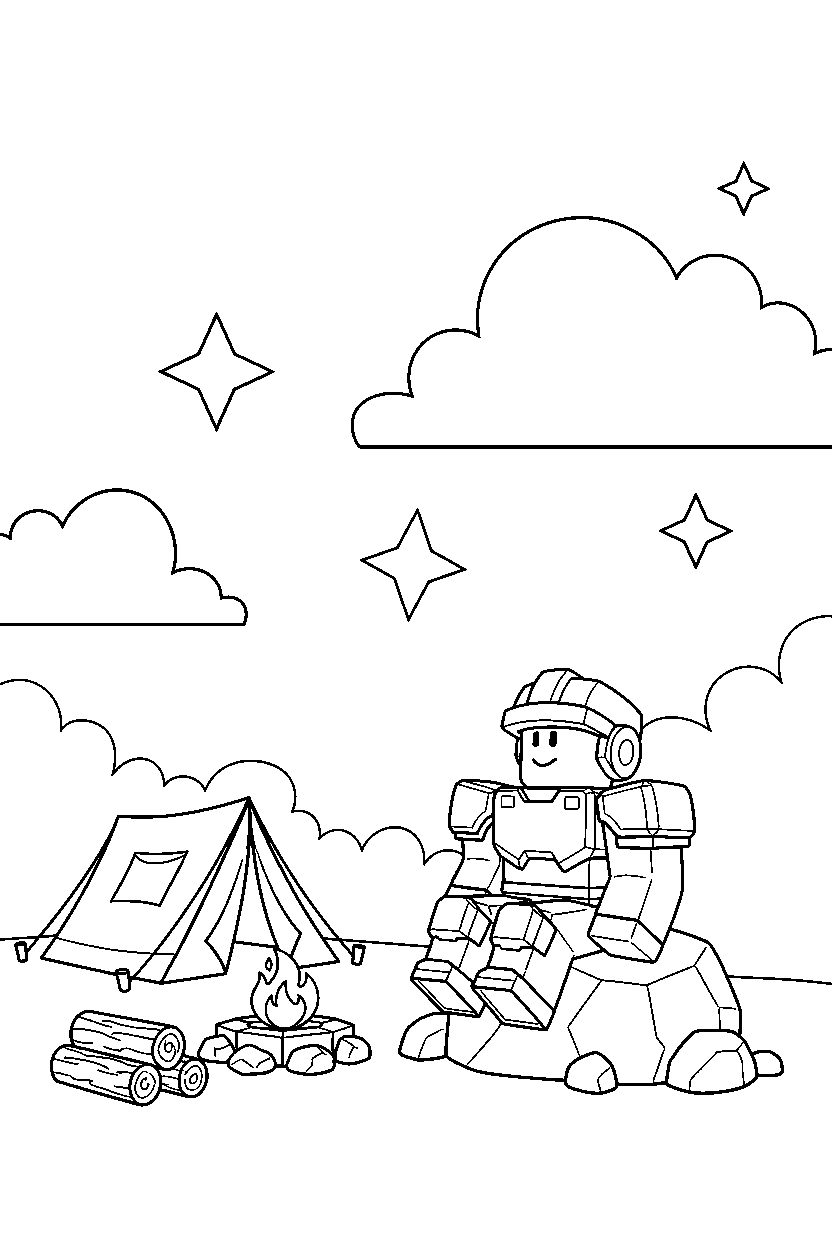 roblox block gamer watching the sky near a block camp line art