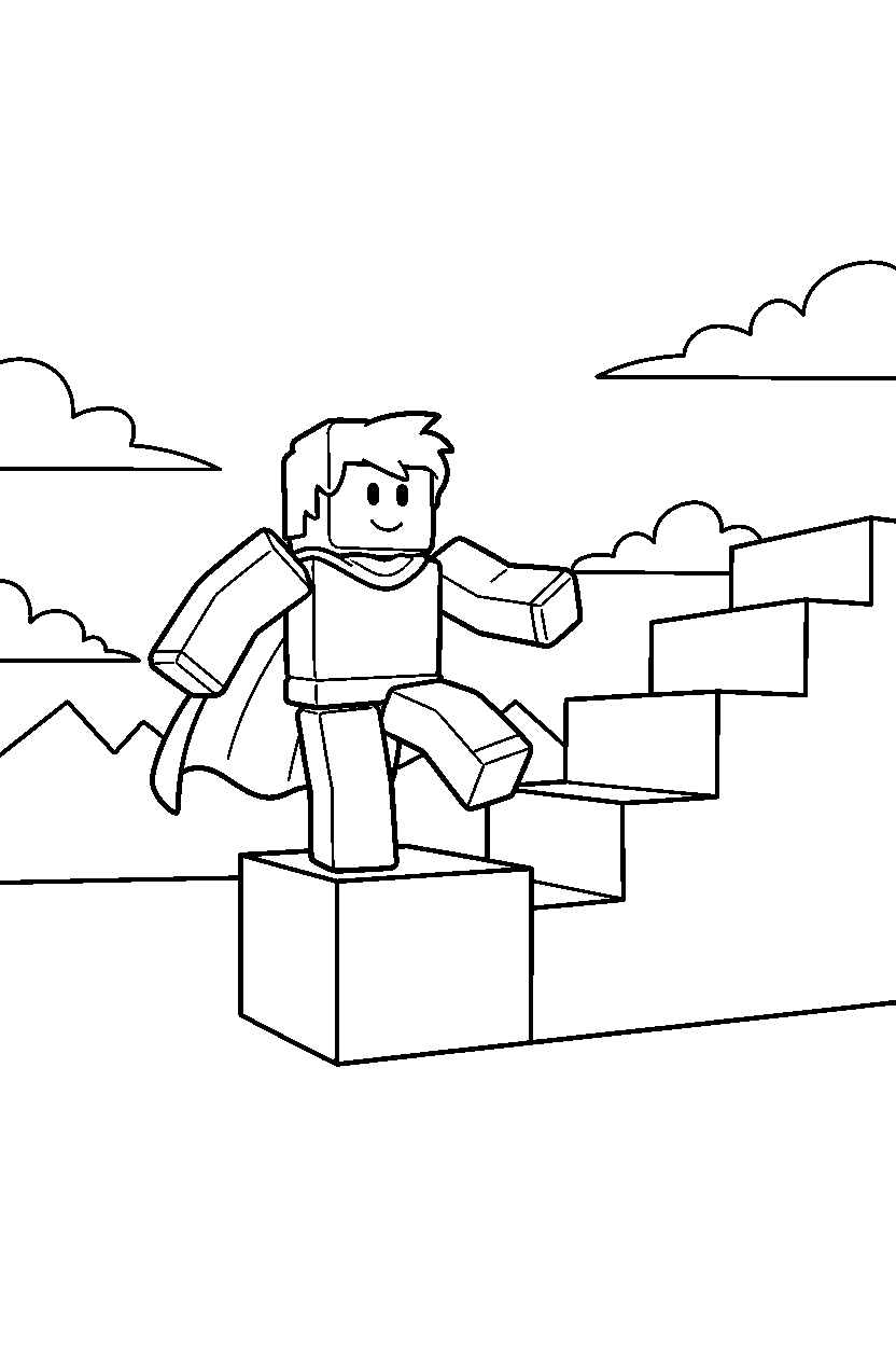 roblox block hero balancing on a block near block stairs line art