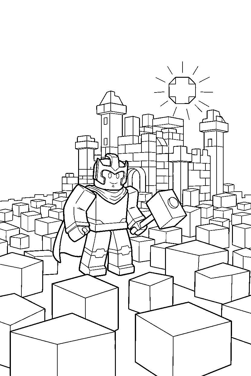 roblox block hero building with blocks in a block meadow line art
