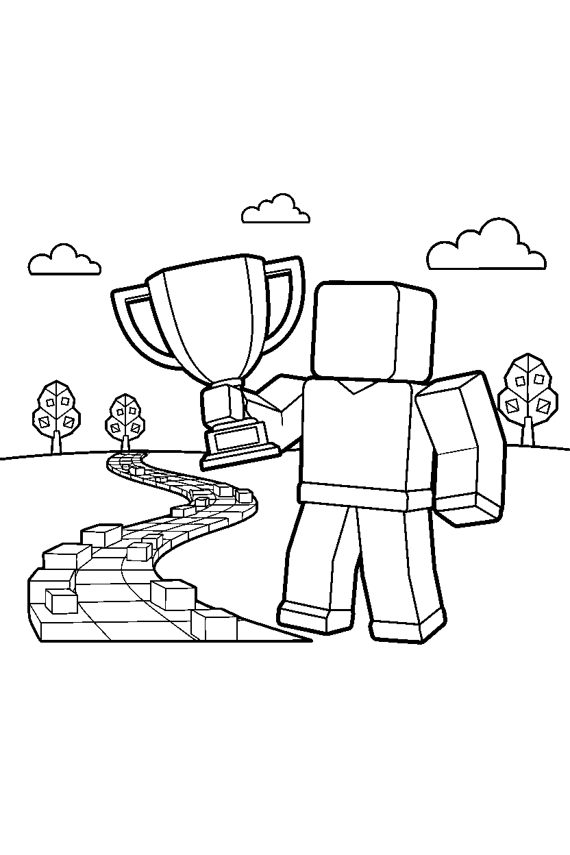 roblox block hero holding a trophy near a block hill path line art