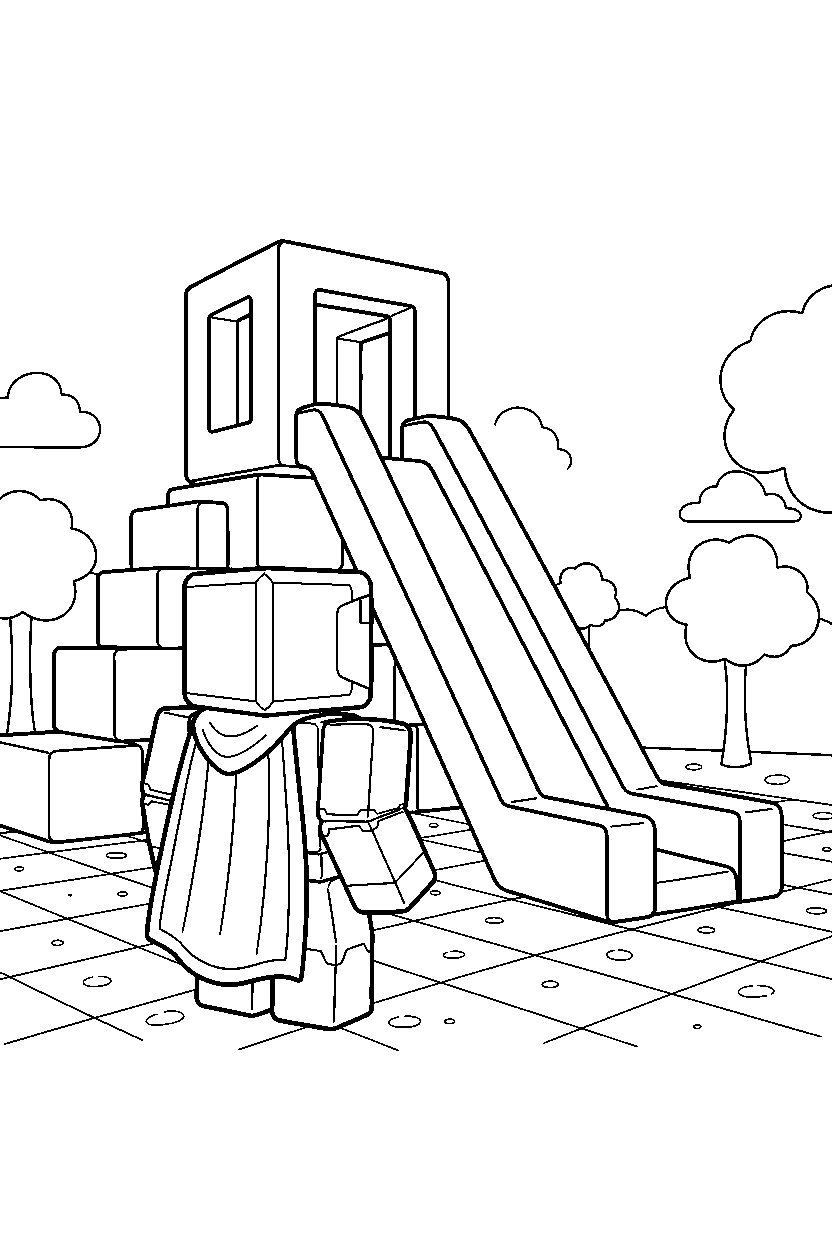 roblox block hero looking around near a block playground slide line art