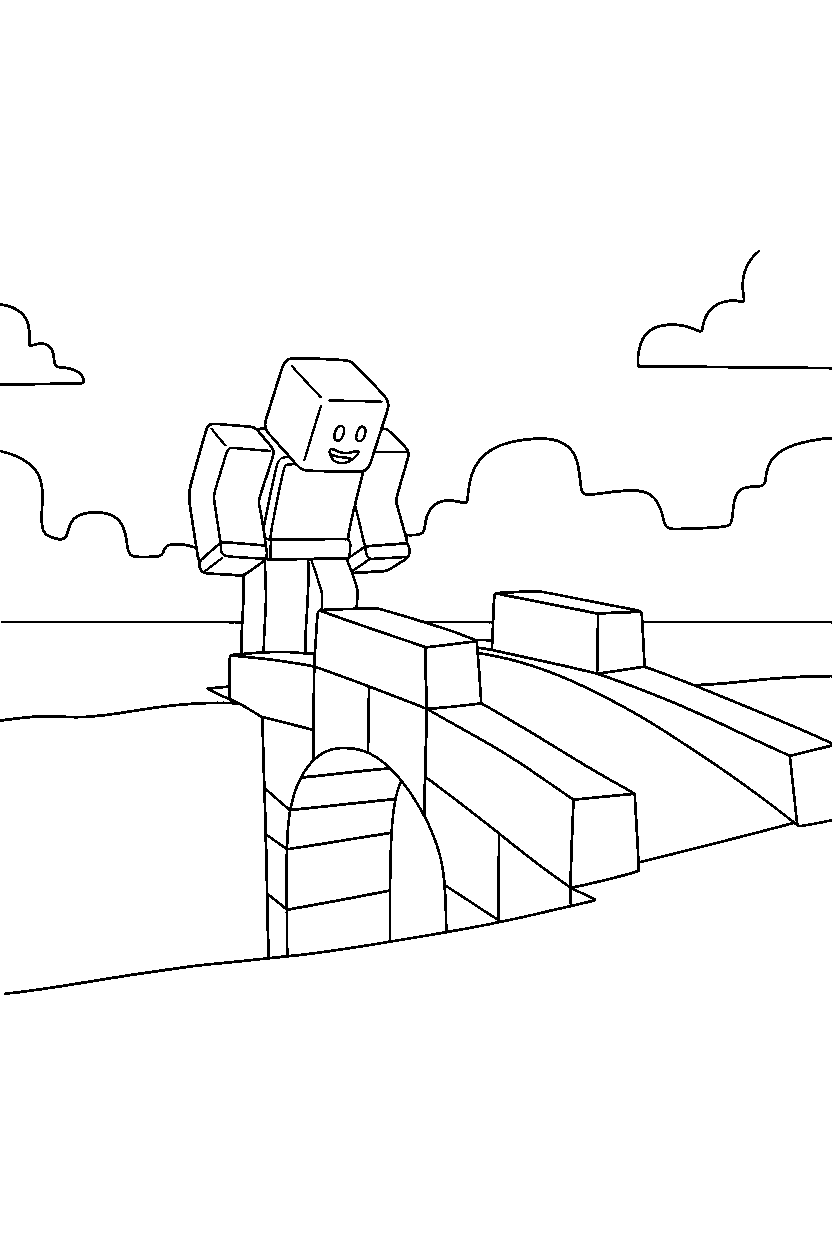 roblox block hero looking down near a block bridge crossing line art