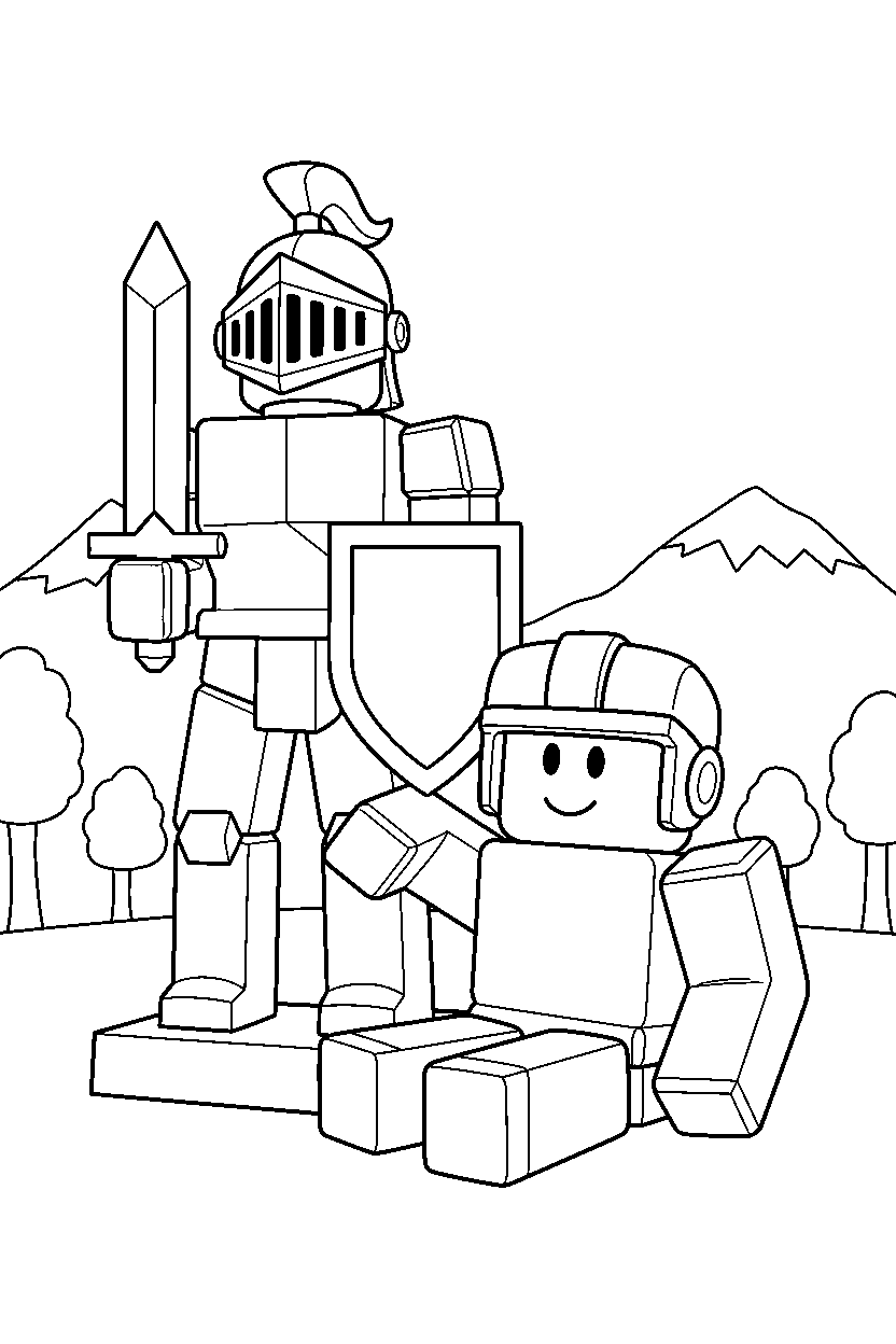 roblox block hero resting near a block statue line art