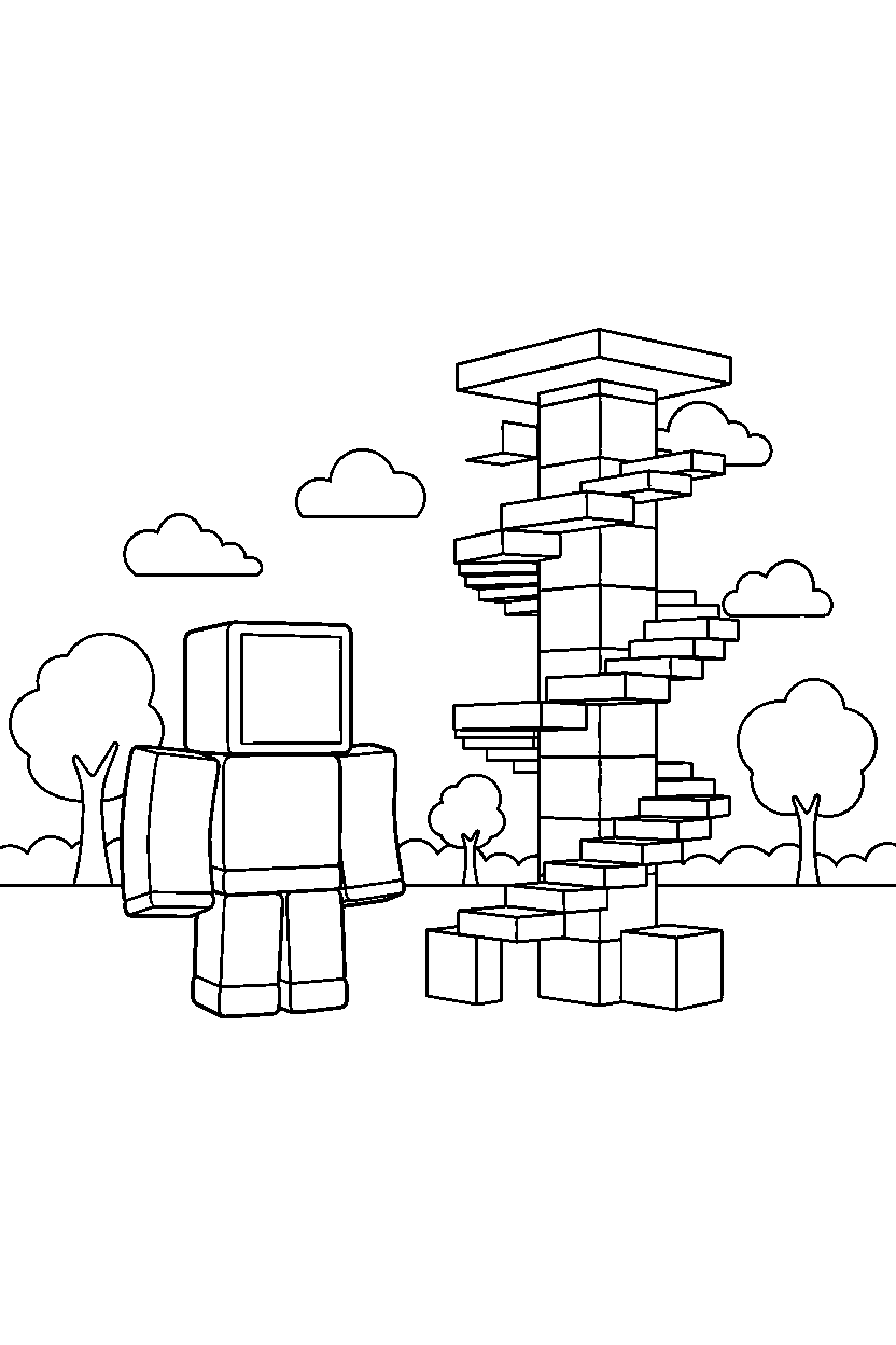 roblox block hero standing near a block parkour tower line art