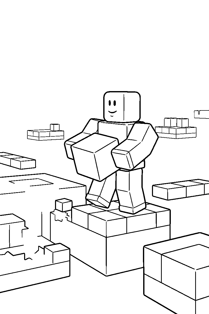 roblox block player building with blocks near block platforms line art