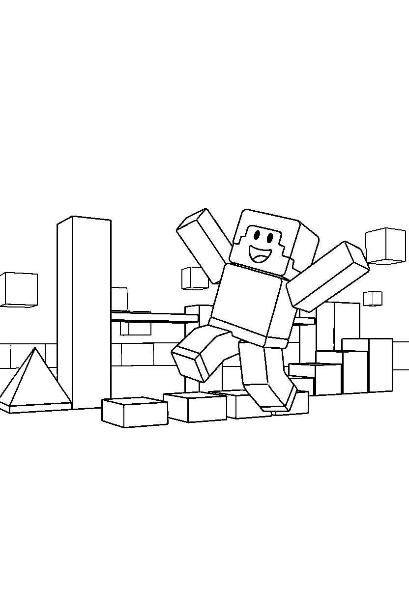 roblox block player celebrating near a block obstacle field line art