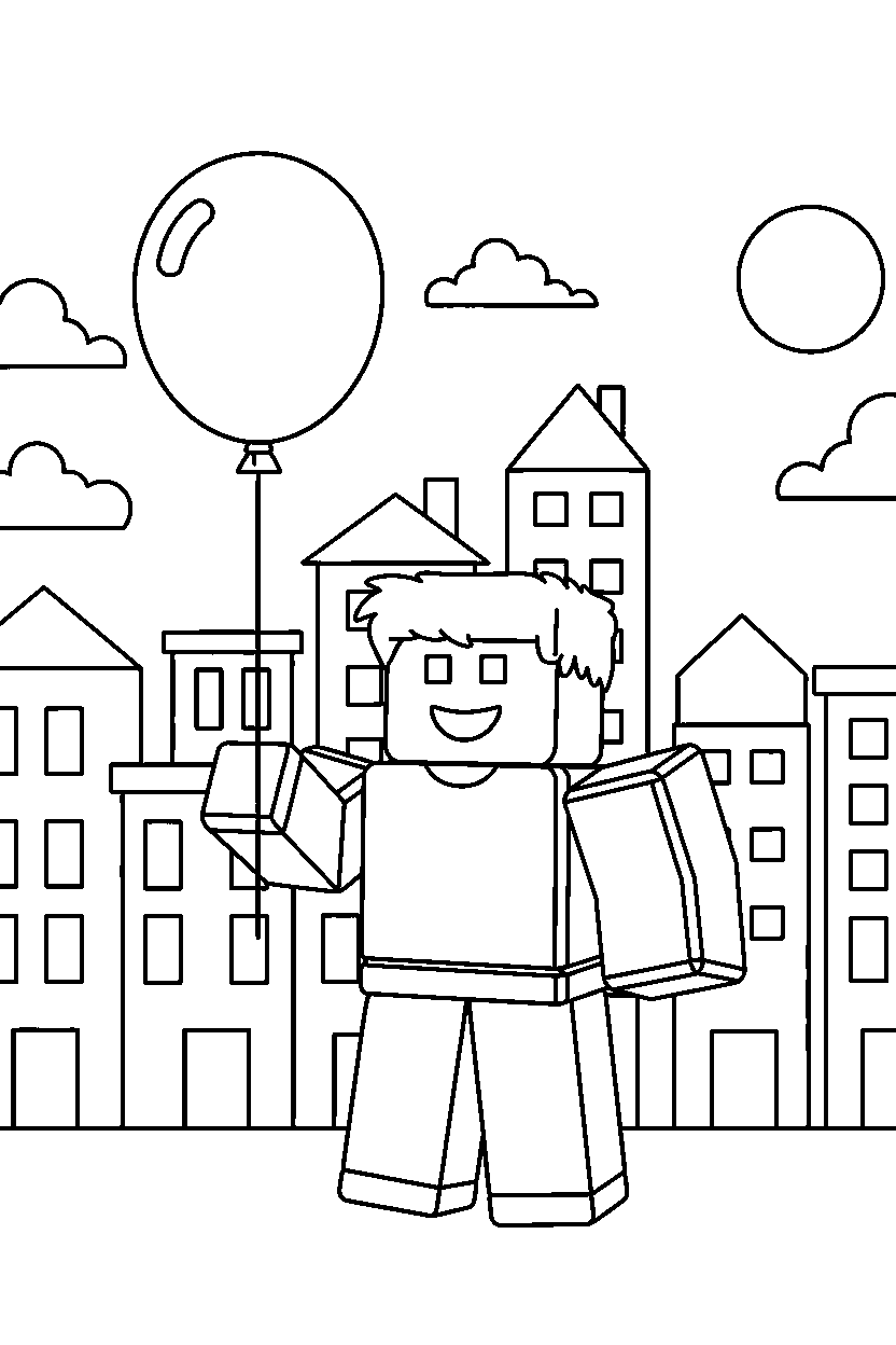 roblox block player holding a balloon in a block town line art