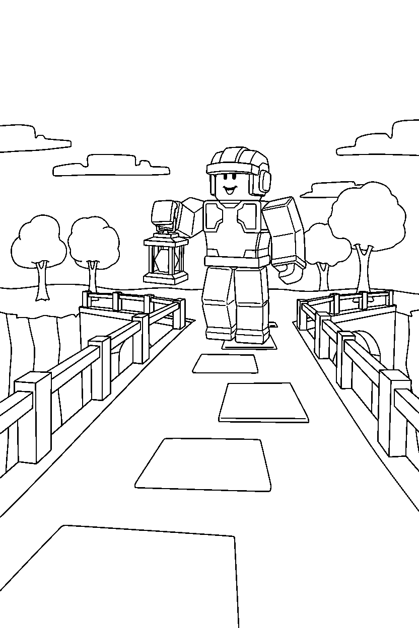 roblox block player holding a lantern near a block bridge line art