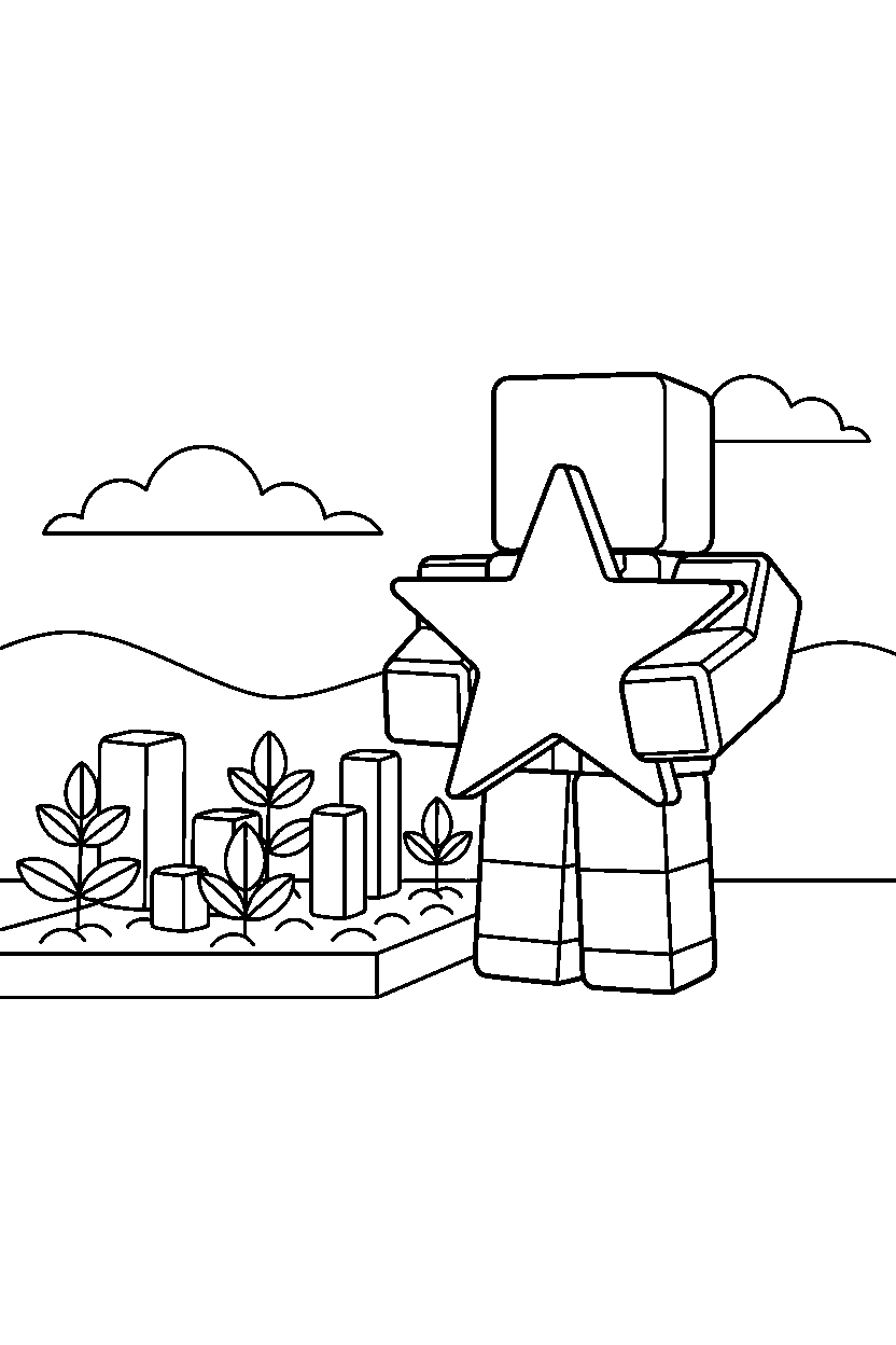 roblox block player holding a star near a block garden line art