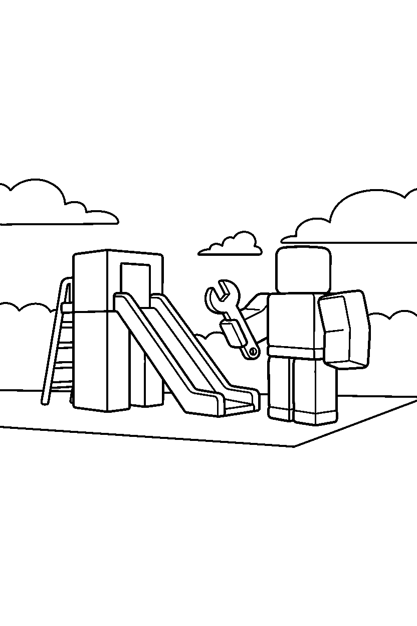 roblox block player holding a tool near a block playground slide line art