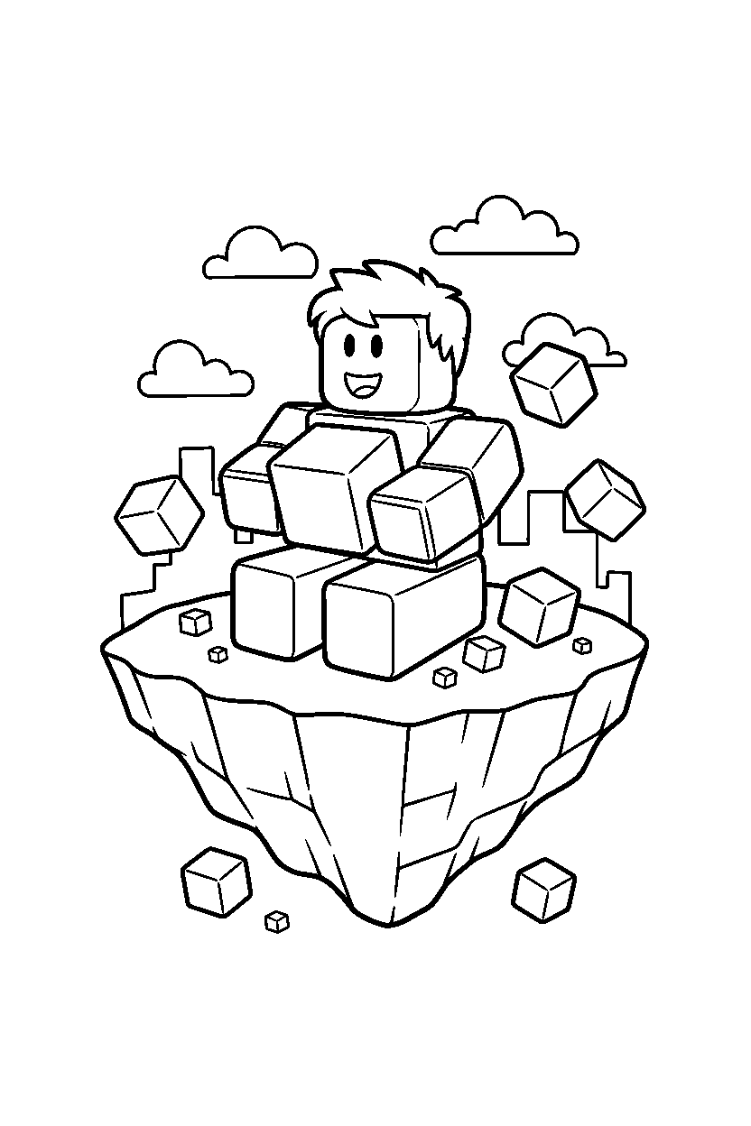 roblox block player playing with blocks on a block island line art