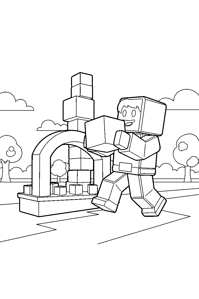 roblox block player stacking blocks near a block marketplace line art