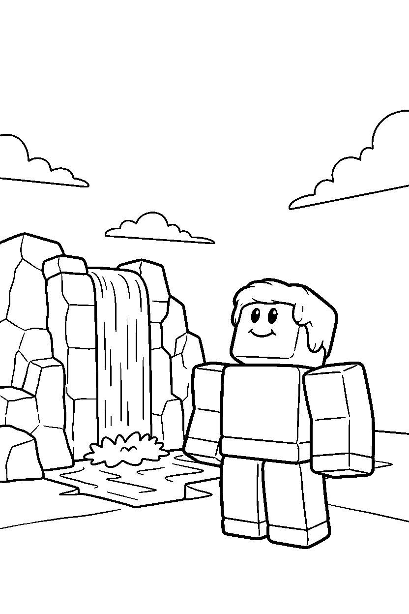 roblox block player watching the sky near a block waterfall line art