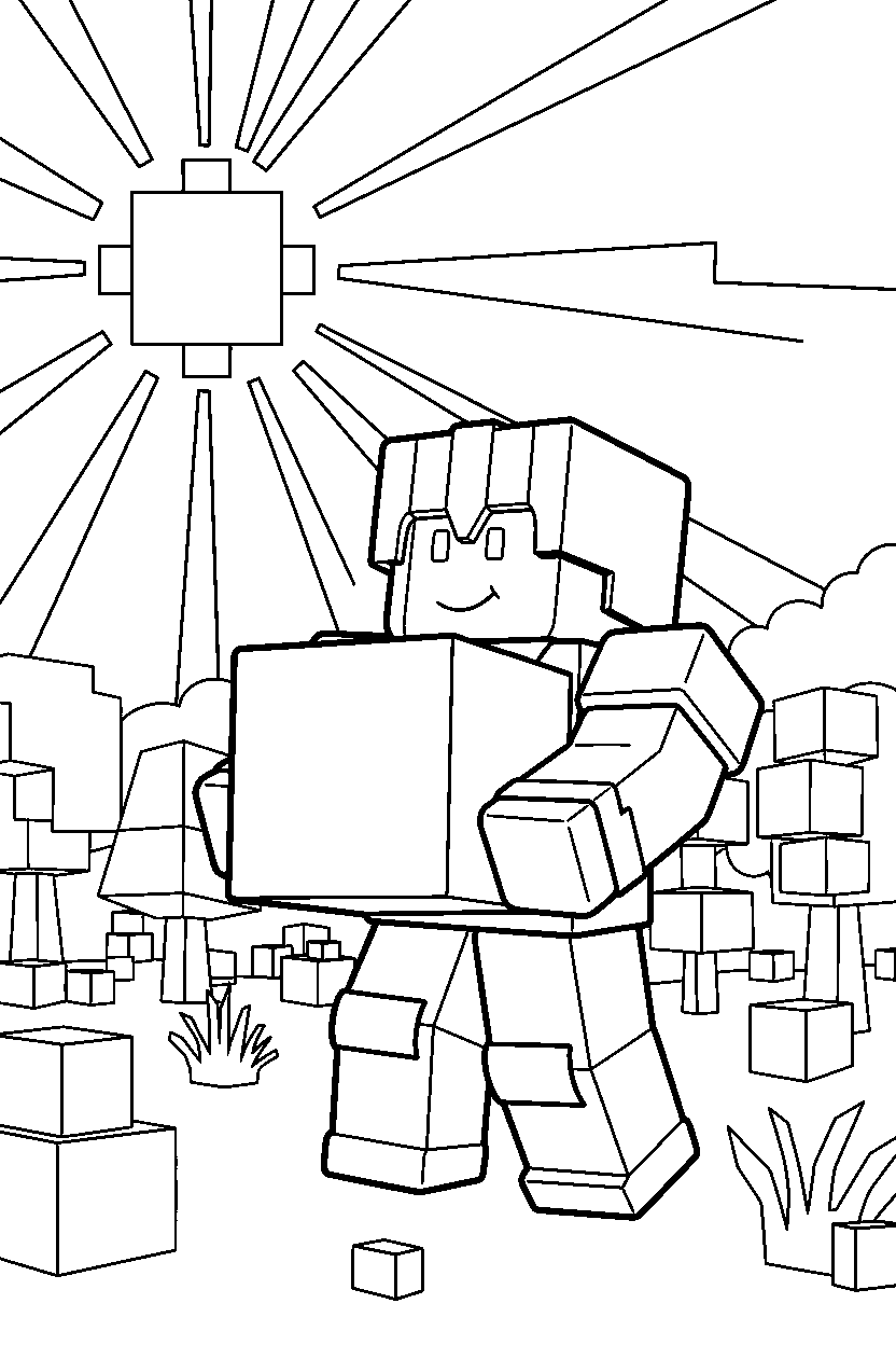 roblox block warrior carrying a block in a sunny block field line art