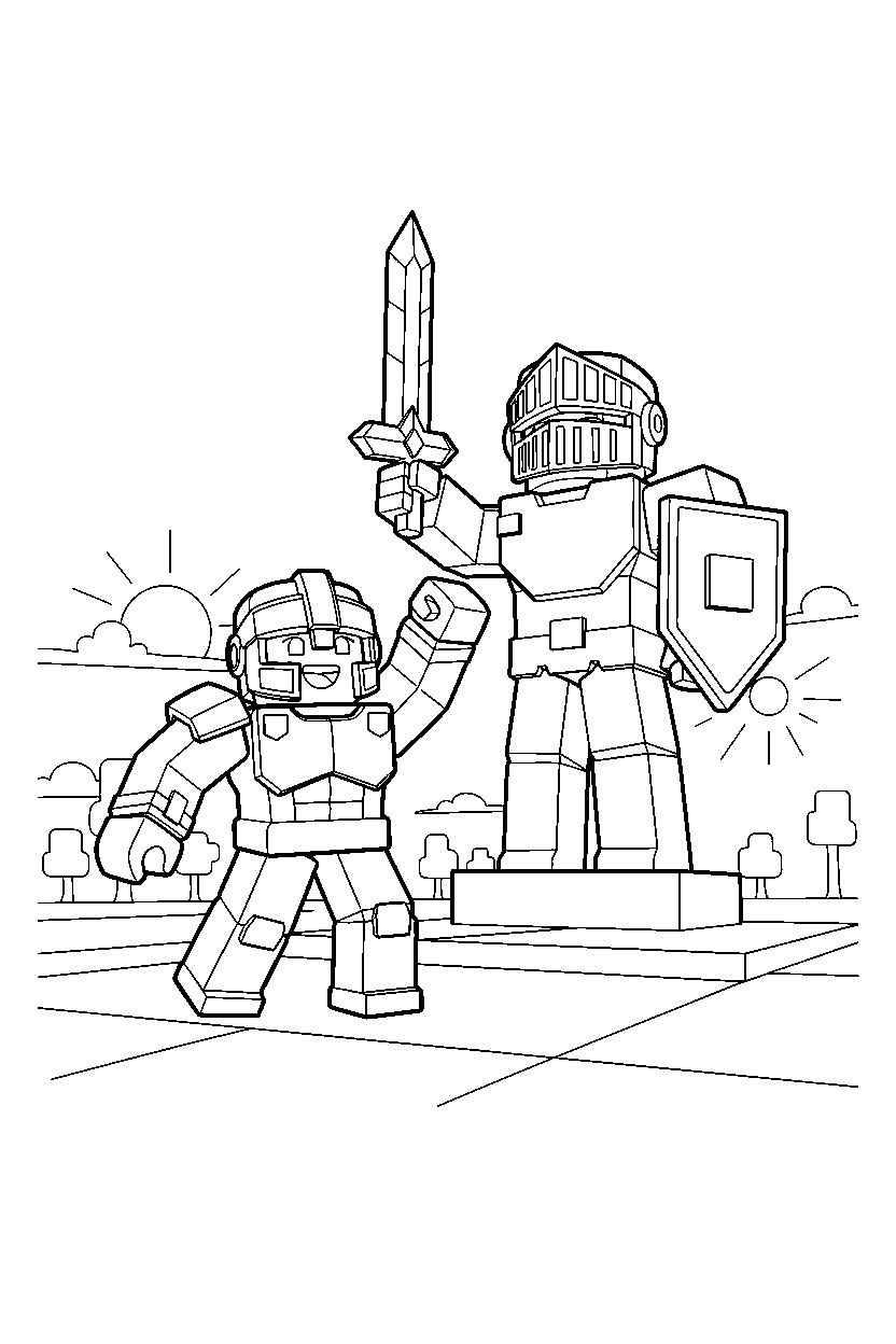 roblox block warrior celebrating near a block statue line art